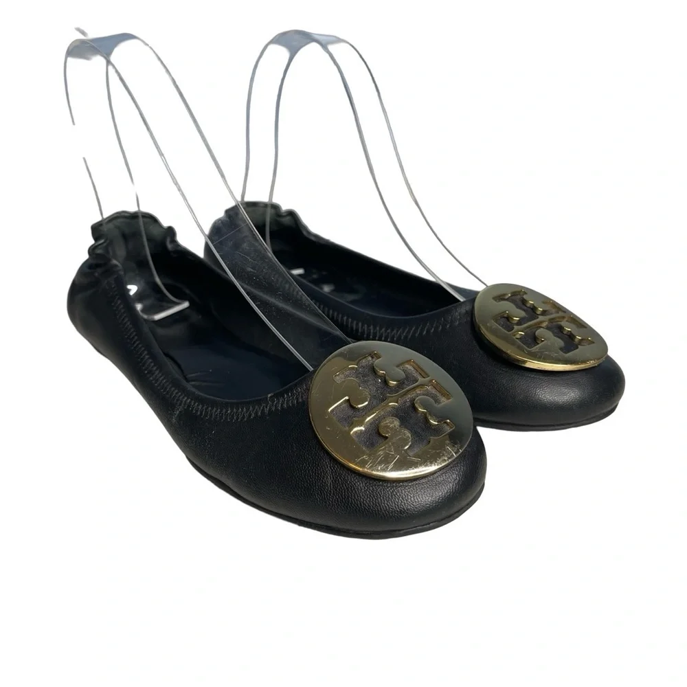 Tory Burch Black Ballet Reva leather gold large logo flats. Women size 6M